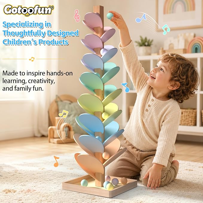 Wooden Marble Run Music Tree, Montessori Rainbow Singing Tree with 12 Extra-Large 3cm Balls, Color Sorting STEM Learning Toy, Wooden Ball Run Game Gift for Kids Ages 3+