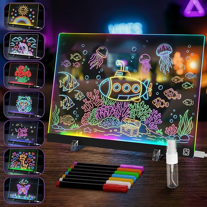 LED Drawing Board with USB-C Power – 16 Inch Acrylic Light Board for Tracing with Edge-Lit Color-Changing Glow, 7 LED Colors, 6 Light Modes – Plug-and-Play Kit with Markers, Stands, Gift Box (Black)