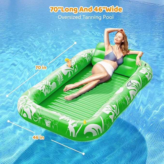 Inflatable Tanning Pool Lounger Float with Sprinkler, 77" x 48" Pool Floats Adult with Pillow, 6 in 1 Suntan Tub Raft Floatie with Drink Holder Sunbathing Water Lounge