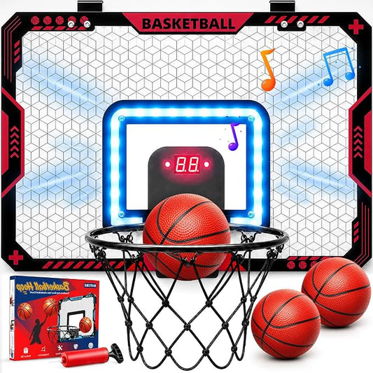 BATURU Over The Door Basketball Hoop for Kids – Indoor Basketball Toy with LED Scoreboard, Lights & Sound, Easy to Hang – Fun Gifts for Boys Ages 6–10