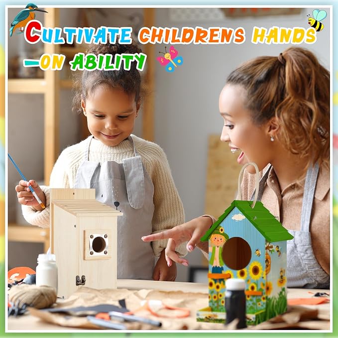 Liliful 4 Pack Birdhouse Crafts for Kids, Wooden Creative DIY Bird House Kits Arts and Crafts Set for Kids and Adults, Spring Birthday Gifts for Toddlers Ages (Playful Style)