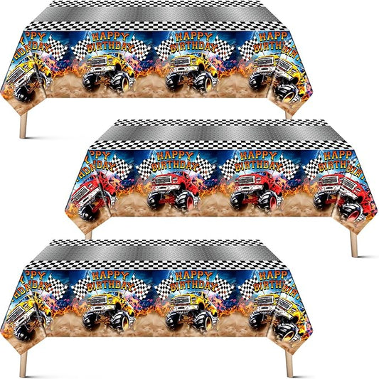 Mifoci 3 Pcs Monster Truck Birthday Party Tablecloths Monster Machine Table Covers Large Plastic Disposable 108 x 54 Inches for Truck Theme Kid's Boys Birthday Shower Party Supplies (Classic)