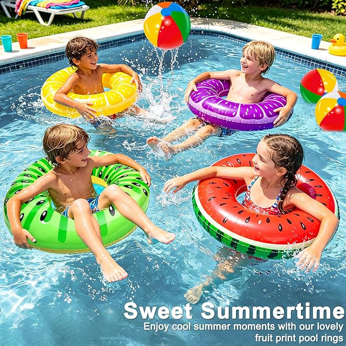 8 Pack Inflatable Pool Floats, Pool Toys for Swimming Pool Party Kids Adults 4 Pcs Fruit Swim Tube Rings & 4 Pcs Beach Balls Pool Floaties Summer Lake Hawaiian Beach Luau Party Decorations Water Fun