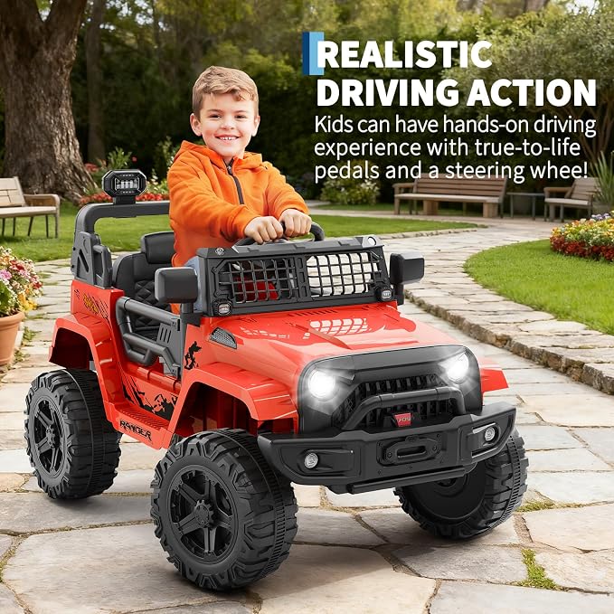 Hetoy 12V Ride on Toys with Parent Remote Control Toddler Electric Vehicle with Spring Suspension, LED Lights, Bluetooth, Music Player, 3 Speeds Ride on Car Truck for Kids Age 3-8 (Red)