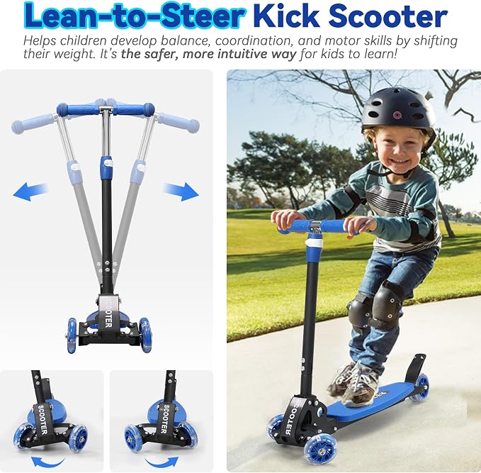 Scooter for Kids 3-12, Kid Scooters with Extra-Wide Deck, 165 lbs Capacity, 3 Wheel Kick Scooter with Lean to Steer, Height Adjustable Handlebar, Light Up Wheels for Stable Smooth Riding, Child Gift