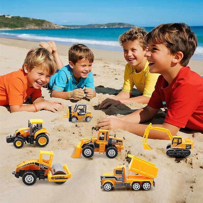 6 Pack Diecast Construction Vehicle Toys – Mini Construction Truck Set with Excavator, Dump Truck, Bulldozer & Mixer for Boys Girls Ages 3+, Birthday Party Favors & Goodie Bag Stuffers