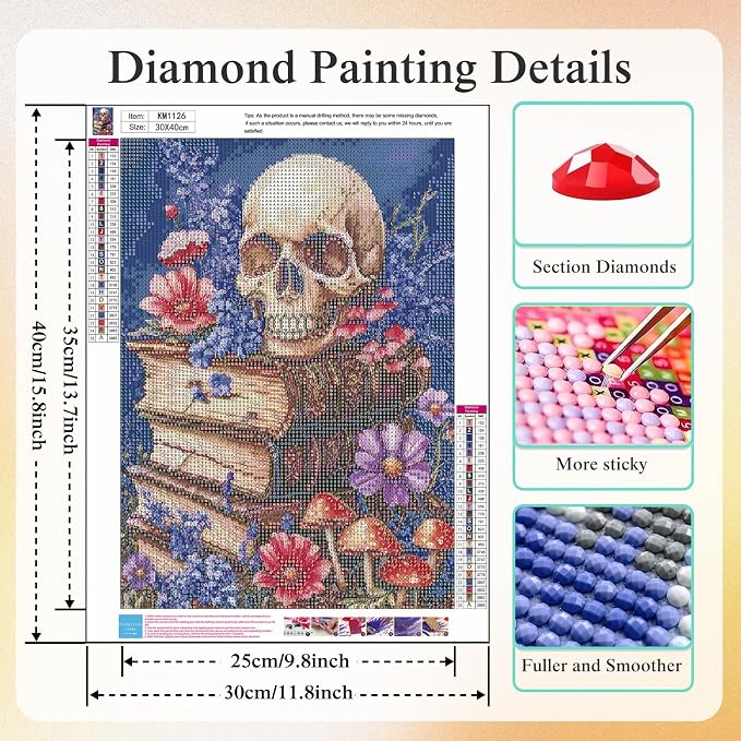 CHWGLFGG 5D Full Round Drill Diamond Painting Kit for Adults, Vintage Skull Old Books Wild Flower Mushroom Diamond Art Canvas, DIY Paint by Diamonds Dot Gem Craft 12x16 Inch for Home Wall Decor