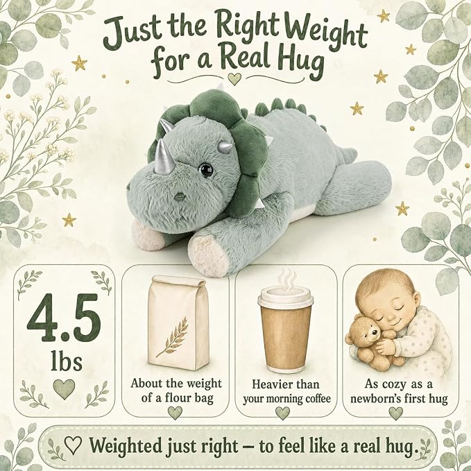 gnomantic Triceratops Weighted Stuffed Animals - 22 Inch 4.5 Pounds Weighted Plushies Dinosaur Stuffed Animals - Big Dino Plush - Cute Plush Toy Gifts for Kids & Adults (Sage Green)
