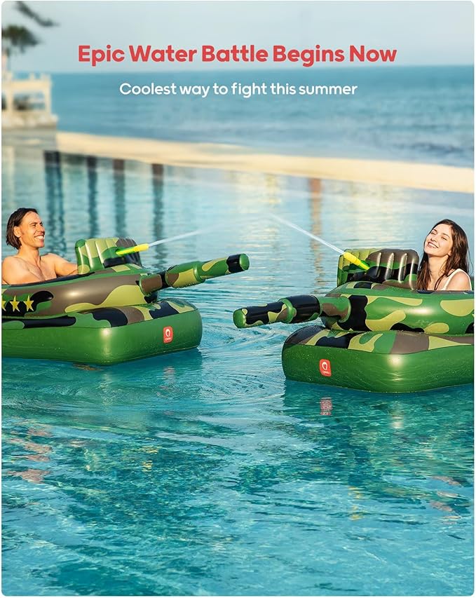 QPAU Inflatable Tank Pool Float for Adults & Kids – Ride-On Camouflage Floaty with Water Cannon, Swim Raft Toy for Boys Girls, Lake Beach Backyard Party Floaties