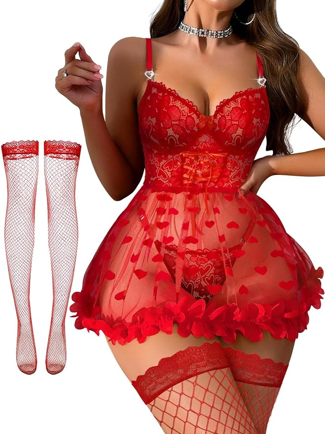 Foxiny Sexy Ruffle Floral Skirt Underwire Mesh Sheer Lace Babydoll Lingerie Dress with Thong 2 Piece