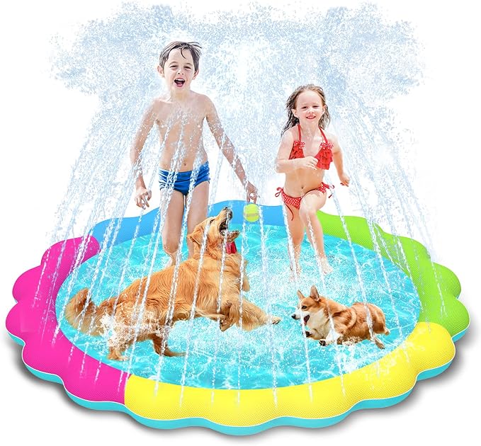 Raxurt Splash Pad, 67in Anti-Slip Splash Pad for Kids Dogs 0.55mm Thickened Durable Dog Pool Summer Outdoor Water Toys Backyard Fountain Play Mat, Colorful