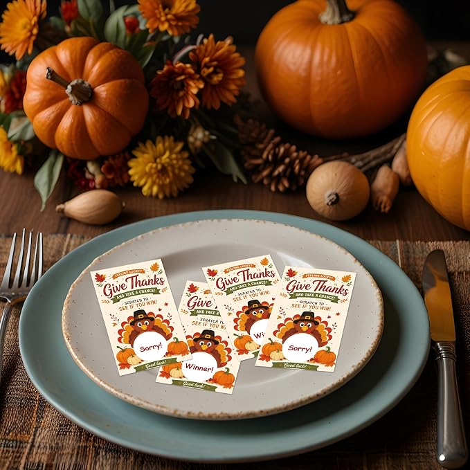 50PCS Thanksgiving Scratch Off Game Cards, Thanksgiving Games for Family Party Group Activities, Fall Festival Raffle Card Thanksgiving Activity for Groups Adults-A03