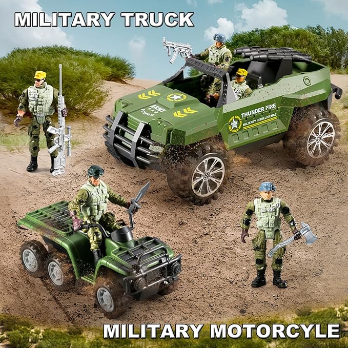 56-in-1 Army Men Toys Sets for Boys 4-7 8-12, Army Helicopter/Truck/Kayak Boat/Motorcycle/Army Men Action Figures/Weapon Gears, Army Toys for Boys Kids Birthday Gifts Party Favors