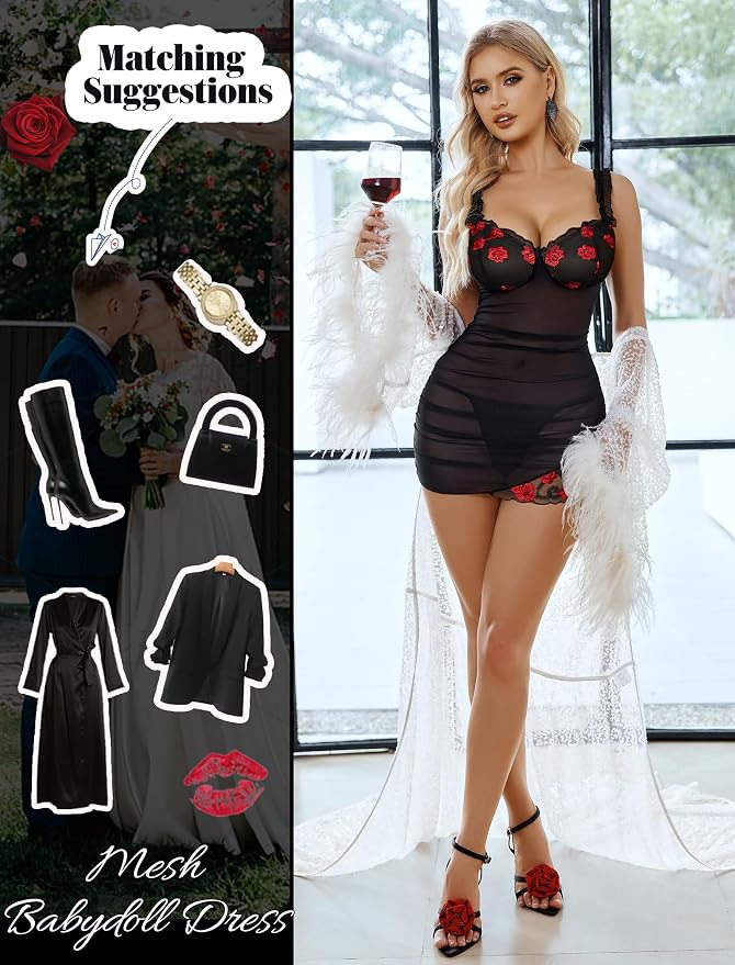 Avidlove Lingerie for Women Mesh Babydoll Lingeries Lace Chemise Floral Sleepwear Dress Sheer Exotic Boudoir Outfit S-XXL