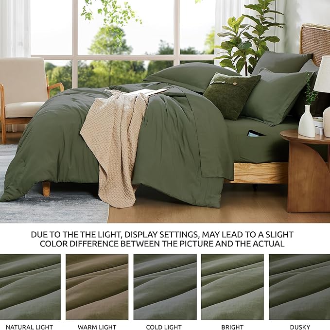 WRENSONGE Oversize King Size Comforter Sets, 7 Pieces Olive Green Bed in a Bag with Fitted Sheet, Flat Sheet, 2 Pillow Shams, 2 Pillowcases, Warm Bedding Sets for All Season