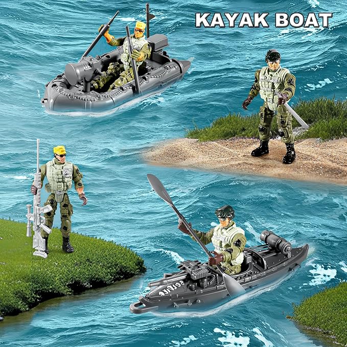 56-in-1 Army Men Toys Sets for Boys 4-7 8-12, Army Helicopter/Truck/Kayak Boat/Motorcycle/Army Men Action Figures/Weapon Gears, Army Toys for Boys Kids Birthday Gifts Party Favors