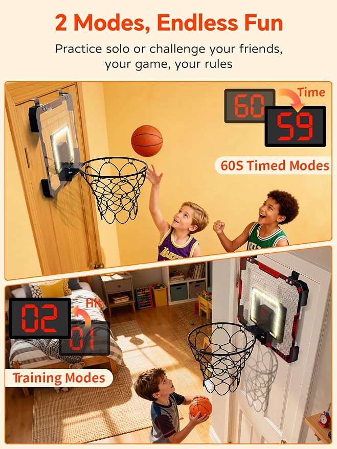 BATURU Over The Door Basketball Hoop for Kids – Indoor Basketball Toy with LED Scoreboard, Lights & Sound, Easy to Hang – Fun Gifts for Boys Ages 6–10