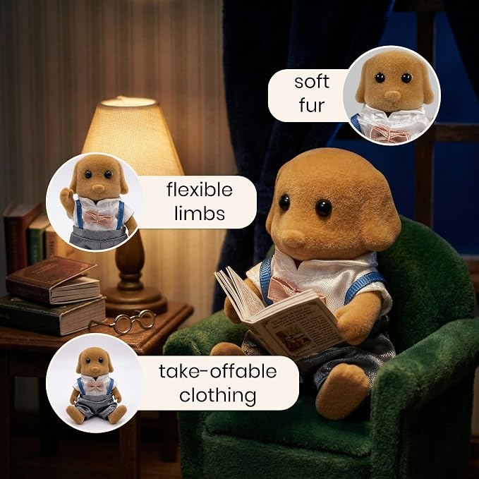 Family Brown Dog Figures — Set of 2 Collectible Flocked Mini Dolls with Removable Clothes, Dollhouse Pretend Play Set for Kids Ages 3+