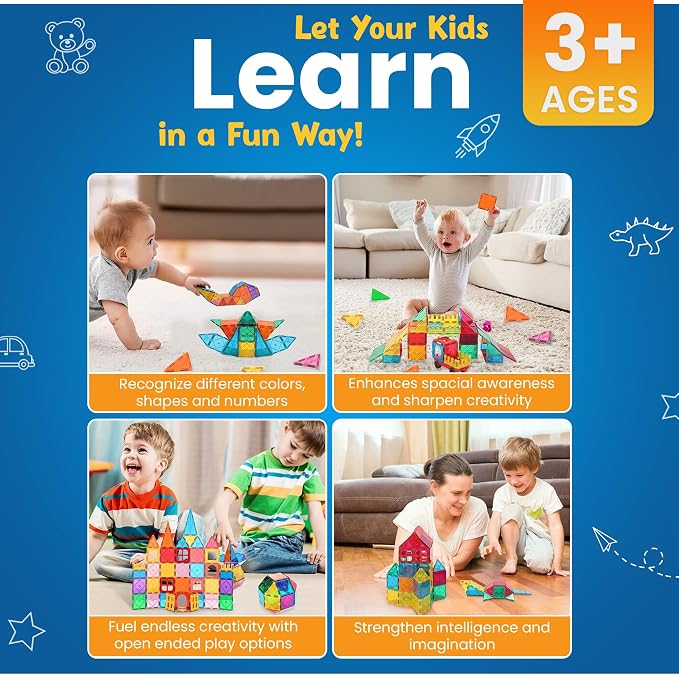 100 Pc Magnetic Tiles Magnetic Building Blocks Set for Kids Educational Magnet Tiles for Kids