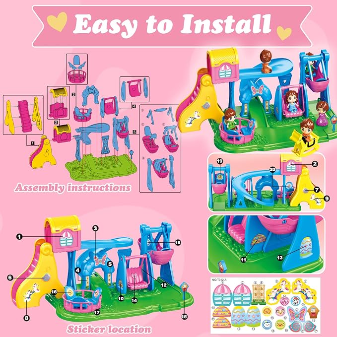 Building Toys Kids Playground Set, Pink Amusement Park Toy Playset with 4 Doll Figures, Swing Slide Rocking Horse & Spinning Ride, Pretend Play Dollhouse for Girls 3 4 5 6 7, Gift for Kids