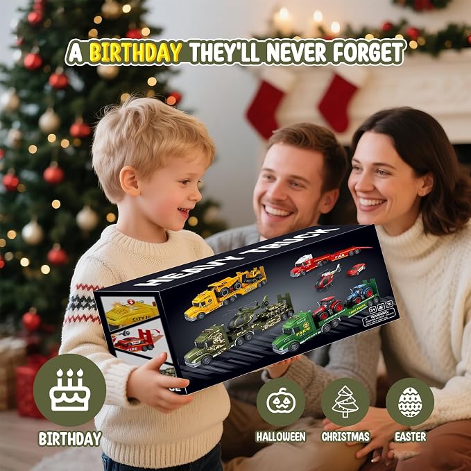 Toddler Toys for 3 4 5 6 Year Old Boys - 27" Large Semi Army Truck Toy with Tank and Helicopter, 3-in-1 Friction Powered Transport Vehicle with Lights Sounds, Christmas Birthday Gifts for Boys