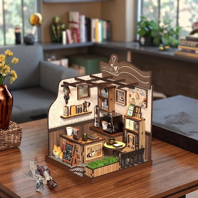 DIY Mini House Country Cafe 3D Wooden Puzzle Craft Model for Adults, Miniature Dollhouse Kit, Mini Coffee Shop Building Kit with Tools, Creative Home Decor & Unique Gift for Coffee Lovers