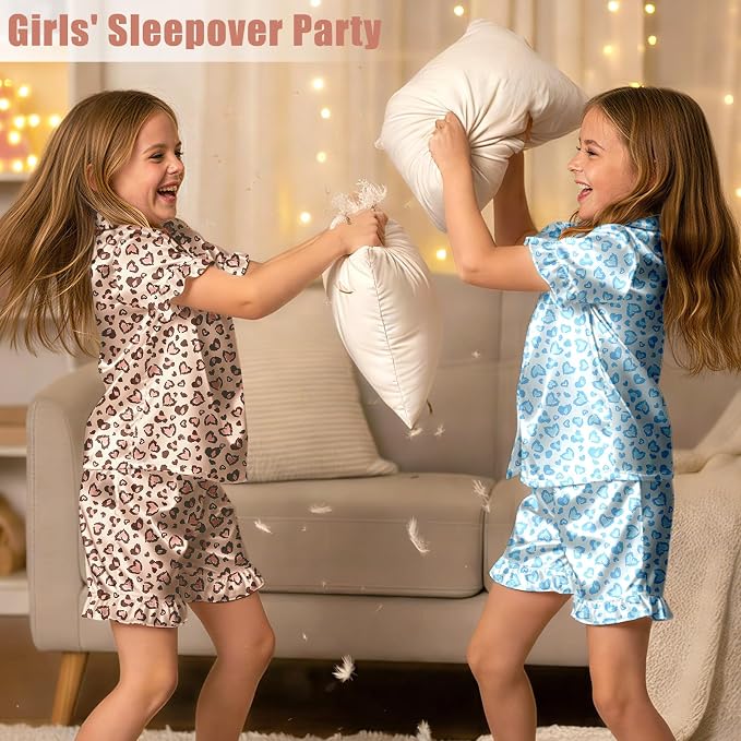 ICOSY Matching Doll & Girls Silk Pajamas Satin Pjs for Girls Button-Down Top and Shorts for 18" Doll Girl Clothes