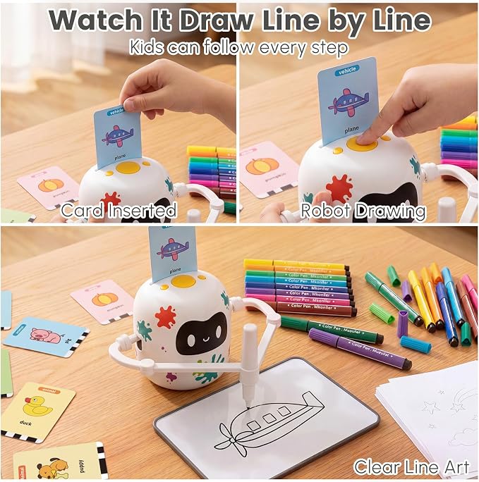 Mewaii Drawing Robot for Kids with 150 Cards & Erasable Board, Educational Drawing Machine with Voice Guidance Music 12 ColorPens Montessori Painting Learning Toys Birthday Gift for Boys Girls Age 5-8