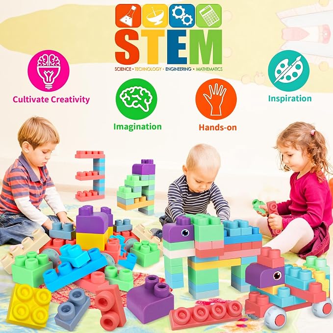 Baby Building Blocks Set, 80PCS Blocks for Babies 6 Months and Up | Rubber Soft Blocks with Storage Bucket, Large Building Blocks, Educational Stacking Toys, Toddler Gifts