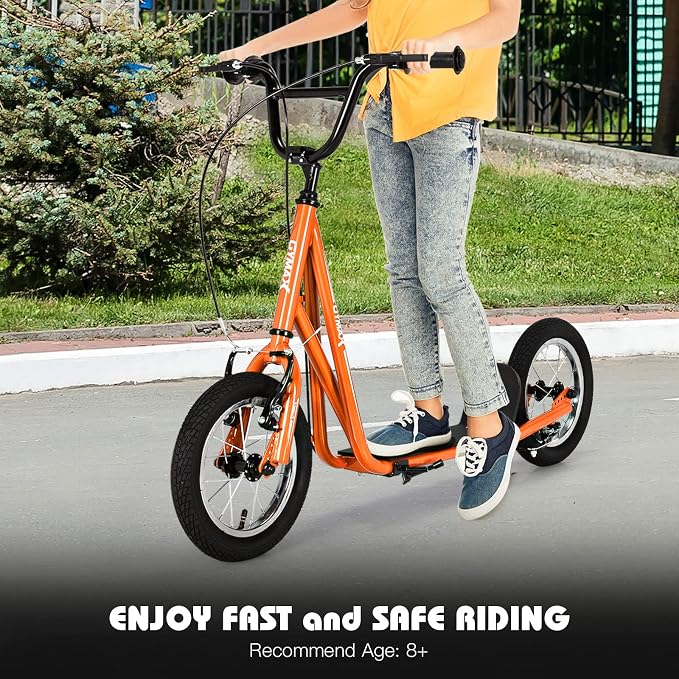 GYMAX Scooter, Kids & Adults Off-Road Scooter with 12" Inflatable Wheels, Adjustable Height Handlebar, V-Type Handbrakes & Axle Pegs for All Terrain, 8+