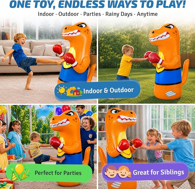 Preferred Toys 47" Inflatable Dinosaur Punching Bag for Kids - Durable Blow Up Kids Punching Bag with Bounce Back Base - Inflatable Indoor Outdoor Active Toddler Bop Play Toy