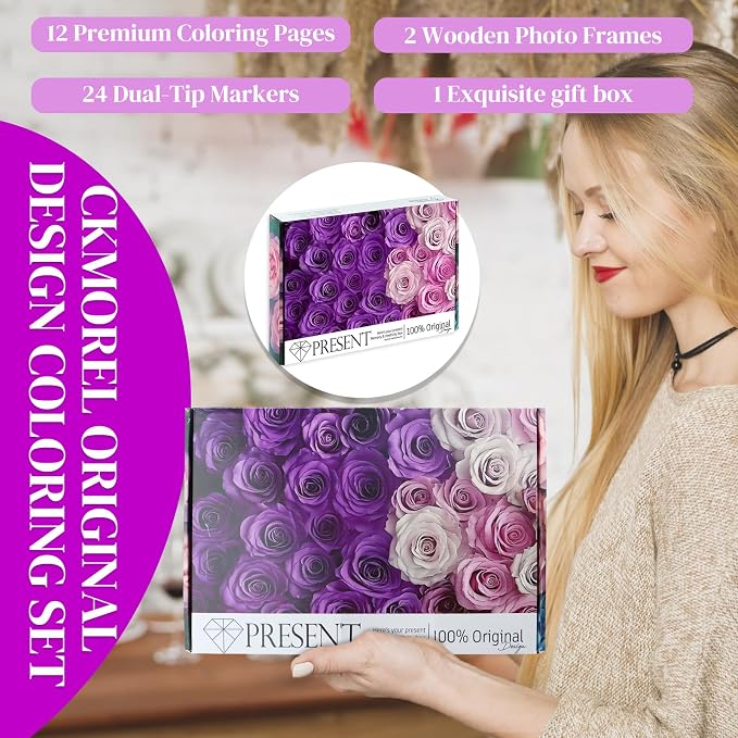Adult Coloring Book with 24 Dual Tip Colors Markers, 12 Pcs Premium Coloring Pages & 2 Pcs Wooden Photo Frames & 24 Colors Markers, Mindfulness Art-Painting-Kits Gifts for Women - Flowers