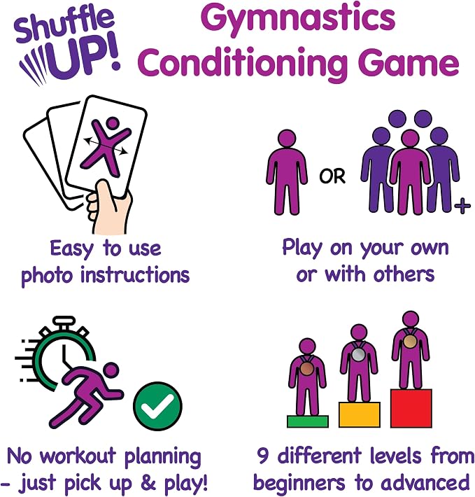 Shuffle Up Gymnastics Card Games - 70+ Fun & Active Skills Cards for Kids, Fitness Cards Develop Fundamentals, Stamina & Strength, Easy to Play for Kids | Multiple Skills Level Card Include 2 Dices