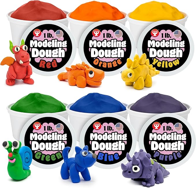 Hygloss play modeling dough for kids, non-toxic, 1 lb resealable tub, 6 assorted colors, unscented, ages 3+