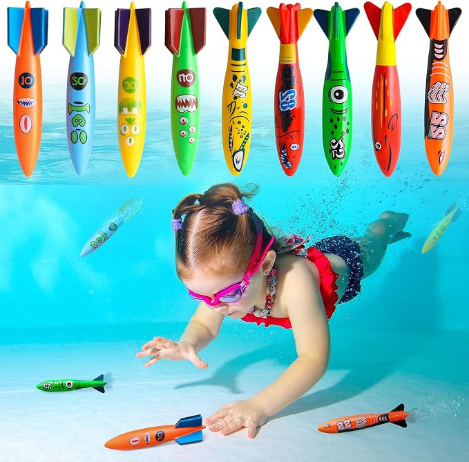 Dive Rings Pool Toys Adults, 9 Pcs Diving Pool Toy for Kids Ages 4-8, Shark Torpedo Dive Set, Octopus Toddler Water Fun Toys, Summer Essentials Underwater Swimming Throwing Gifts for Boys & Girls