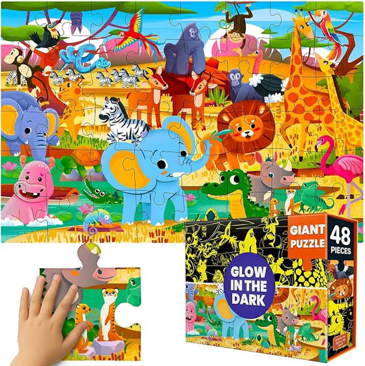 QUOKKA Giant Floor Puzzles for Kids Ages 4-6 – 2x3 Ft Glow in the Dark Jumbo Jigsaw Puzzles for Kids Ages 3-5 – 48 Large Pieces African Animal Safari Scene for 4-8 yo – Toy with Gift Box for Toddlers