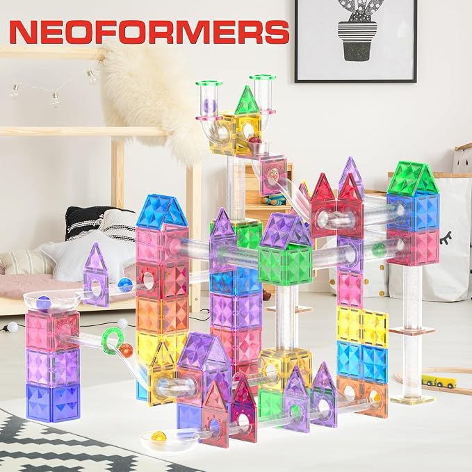 115Pcs Magnetic Marble Run Set for Kids, STEM Building Toys with Racing Track Tiles, Funnels & Slopes, 3D Construction Marble Maze Educational Learning Gift for Boys & Girls Ages 3-8+