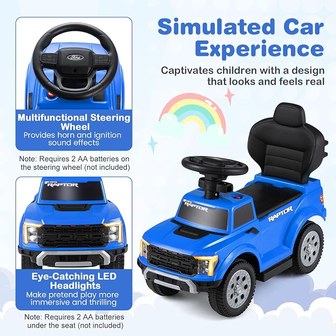Costzon Ride On Push Car for Toddlers, 3-in-1 Ford Licensed Sliding Car w/Handle, Guardrail, Horn, Engine Sound, LED Lights, Under Seat Storage, Foot-to-Floor Kids Ride On Toys for Boys Girls (Blue)
