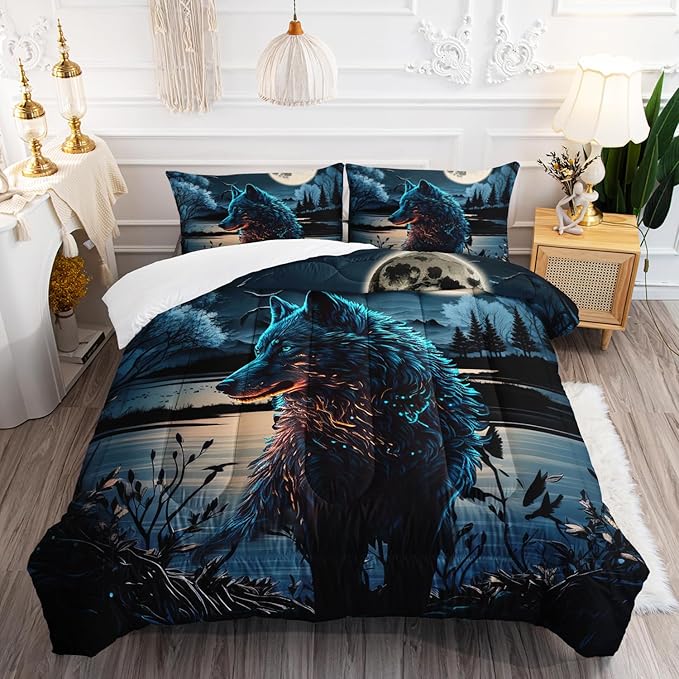 AILONEN Wolf Comforter Set - Queen Size, Boys Wild Animal Bedding Set, Safari Wolf Printed Duvet Set - 3 Pieces, 1 Quilt and 2 Pillowcases