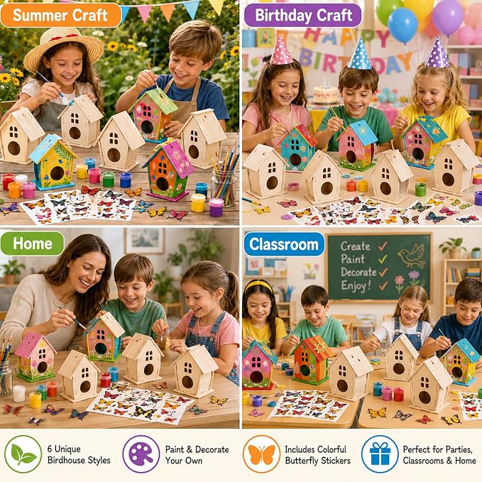Sawysine 107 Pcs DIY Birdhouse Kits for Kids Ages 5-8 8-12, 48 Wooden Bird House Kits in 6 Shapes and 57 Butterfly Sticker for Children Spring Craft Activity Art DIY Project(Lovely Style)