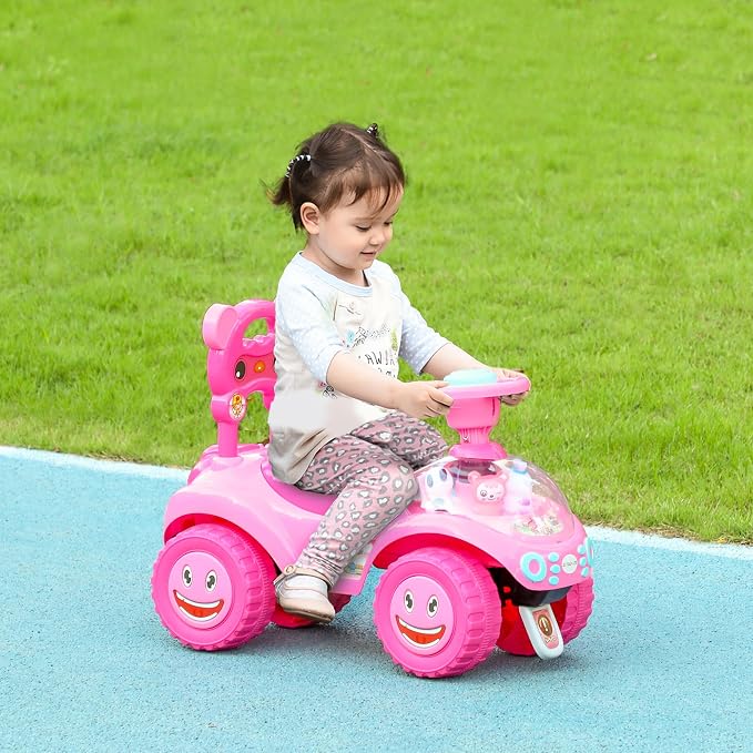 Qaba Toddler Push Car, Foot to Floor Ride on Toy with Horn, Light, Music, Steering Wheel, Anti-Over-Backwards Device & Under Seat Storage, Baby Sliding Car for Boys Girls 18-36 Months, Pink