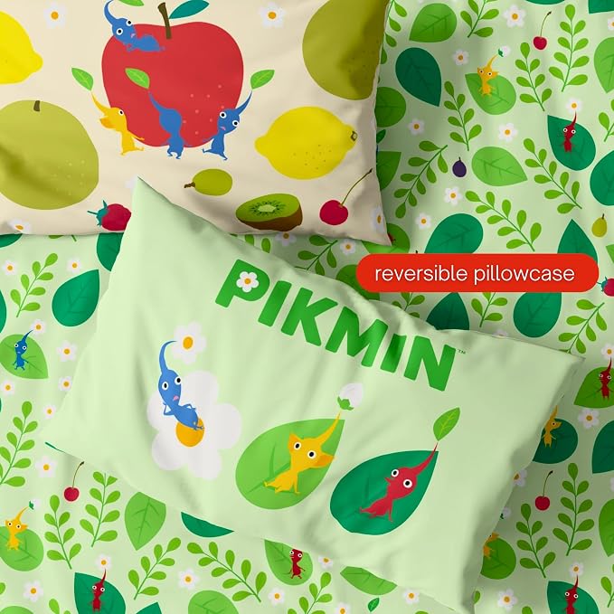 Nintendo Pikmin Game Kids Bedding Set, Twin Size 5 Piece Comforter and Sheet Set with Sham, (Officially Licensed Product) by Franco