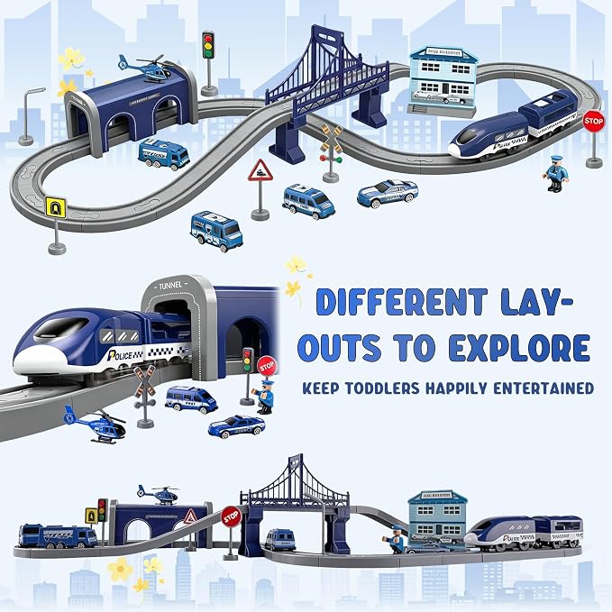 Wdmiya Train Sets for Toddlers, 66 Pcs Trains Toy with Battery Operated & Tracks (Magnetic Connection), Compatible with Thomas, Brio, Christmas Toy Gifts for 3 4 5 6 7 8 Years Old (Police)