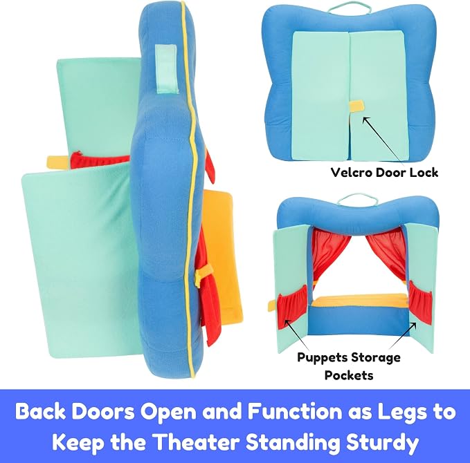 Finger Puppet Theater Stage by Better Line - Set Includes 6 Finger Family Puppets - Portable Plush Finger Puppet Theater is the Best Preschool Kids (Blue)