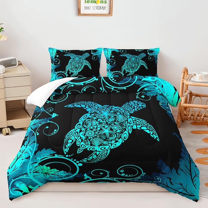 AILONEN Sea Turtle Comforter Set King Size, Black Blue Turtle Bedding with 2 Pillowcases, 3 Piece Soft Microfiber All Season, Ocean Beach Room Decor