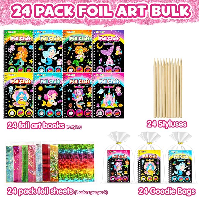 FUNNYB&G Foil Art Party Favors for Kids - 24 Pack Foil Art Crafts Kits Coloring Books, Goodie Bag Stuffers Party Favors for Kids 4-8 8-12, Bulk Birthday Classroom Prizes Girls Boys Gifts (Mermaid)