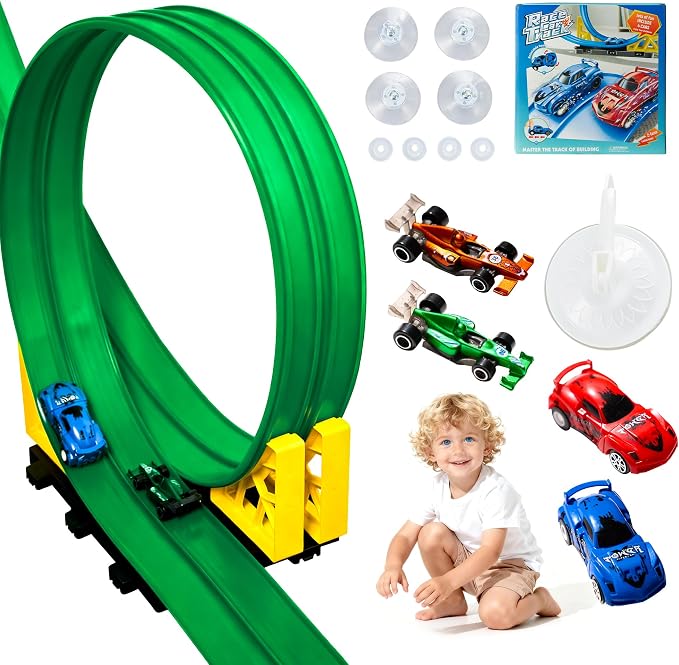 MINDNOOK 16 Ft Flexible Race Car Track Set for Kids, Portable Roll-Up Racetrack with 4 Cars & Suction Cups, Compatible with 1:64 Diecast Toy Cars, Gift for Boys & Girls Ages 4-12