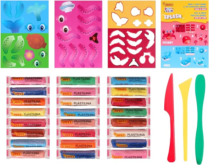 Jovi - Play&Fun Splash, Character kit for Children with Modeling Clay | Includes Cutouts, 24 Non-Drying Clay Sticks and Tools to Create Aquatic Animals, DIY Art for Kids