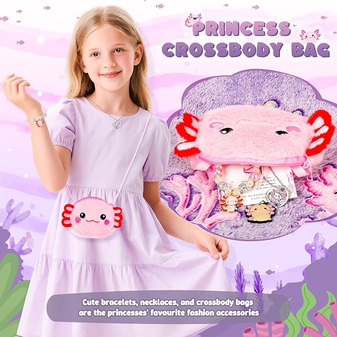 13PCS Axolotl Gifts for Girls 3 4 5 6 7 8 9 10 Years Old with Stationery Plush Diary with Lock/Glowing Blanket/Eye Mask/Crossbody Bag Teen Birthday Christmas Axolotl Gifts for Girls Kids