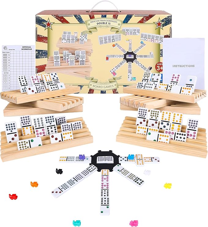 Mexican Train Dominoes Set Double 15, Dominoes Set for Adults and Family, Colored Dot - 136 Tiles in Tin Box, 9 Trains, Hub, 8PCS Wooden Trays